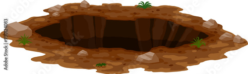 Dirty pit and burrow, deep ground hole. Isolated cartoon vector muddy break, split or dig with uneven edges and stones. Natural gap in garden or forest, surrounded by patches of dirt and small plants