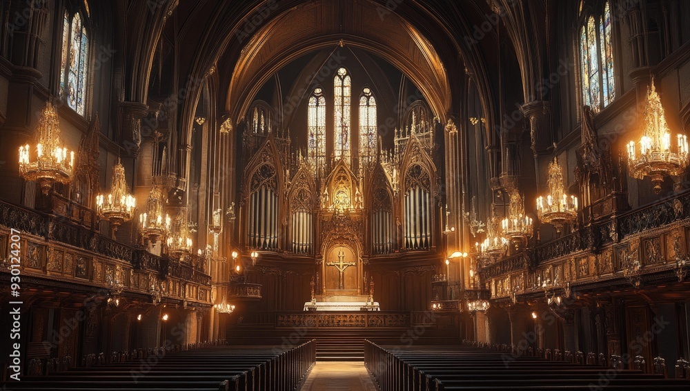 Fototapeta premium Ornate church interior with stained glass windows and pews.