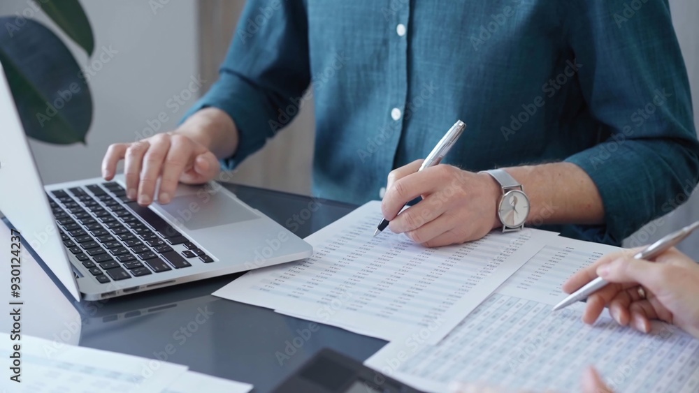 Fototapeta premium Business people professionals analyzing data on laptop. Close-up of auditor's hands reviewing financial spreadsheets in a modern office setting. Finance teamwork