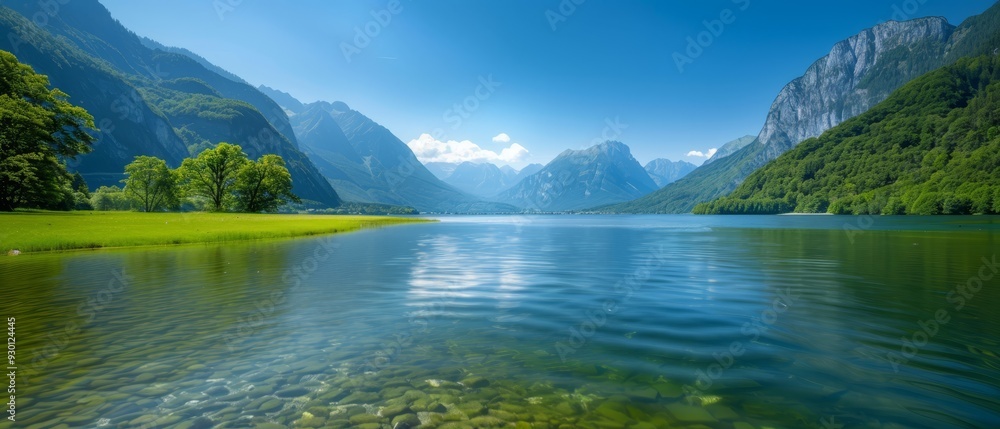 Fototapeta premium A tranquil valley, encircled by majestic mountains, houses a verdant expanse of green grass In the foreground lies a serene lake nestled amongst the l