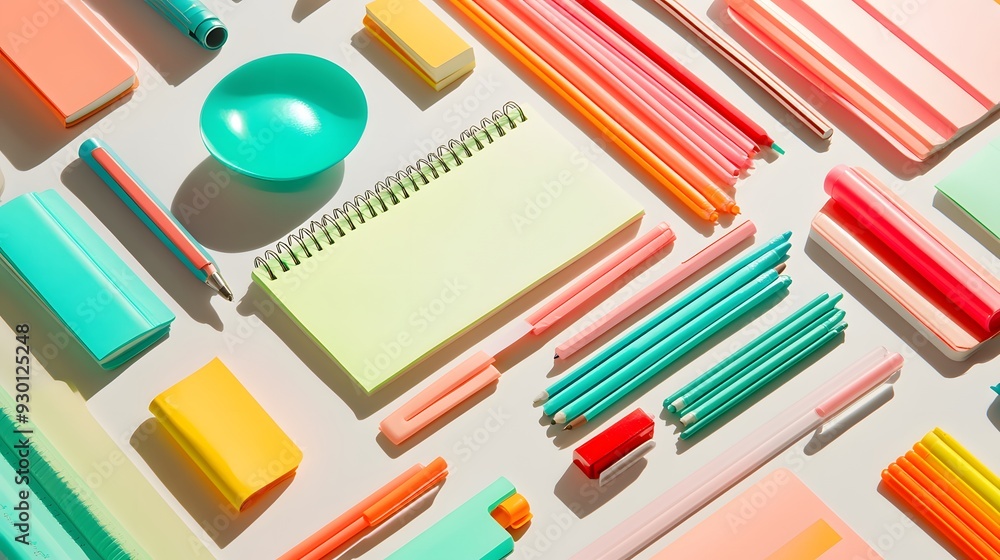 Top view of a vibrant arrangement of school supplies: pens, notebooks, sticky notes, and highlighters, spread out on a white background, natural light creating subtle shadows, contemporary and Top view of a vibrant arrangement of school supplies: pens, notebooks, sticky notes, and highlighters, spread out on a white background, natural light creating subtle shadows, contemporary and