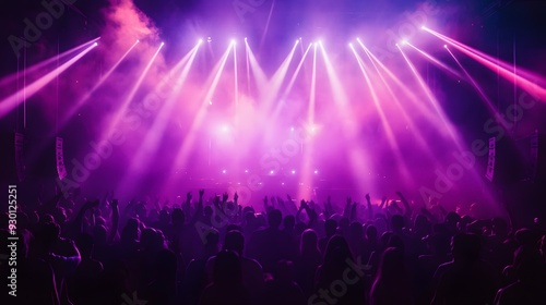 Wide shot of a dance floor at a nighttime music festival, laser lights and smoke effects creating a vibrant atmosphere, crowd dancing energetically, high contrast and dynamic colors, detailed stage