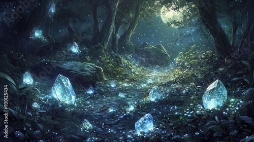 An ethereal scene of glowing enchanted gems scattered across a magical forest floor, illuminated by moonlight.