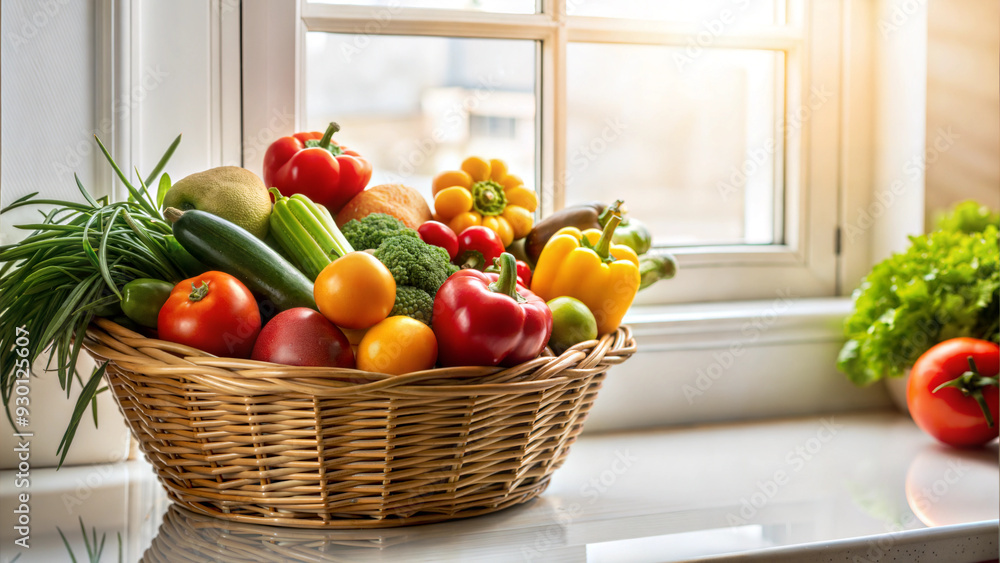 Basket of Fresh Vegetables on Kitchen Window Sill with Natural Light Basket of Fresh Vegetables on Kitchen Window Sill with Natural Light