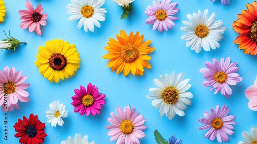 A vibrant arrangement of colorful flowers on a blue background. A vibrant arrangement of colorful flowers on a blue background.