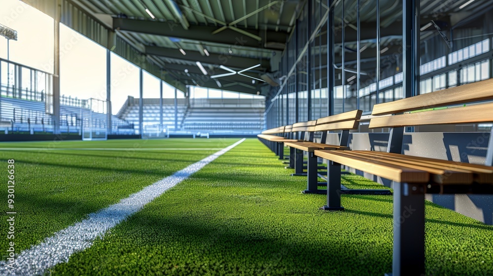 Naklejka premium Detailed perspective of the dugouts and technical area on a football field.