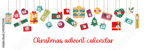 Christmas advent calendar gift boxes, holiday garland. Vector countdown calendar with cartoon presents hanging on ribbons with number tags, Xmas tree, Christmas winter holiday ornaments and bows