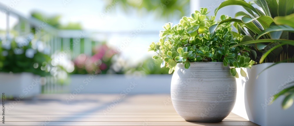 A potted plant atop each wooden table One beside the other A potted plant atop each wooden table One beside the other