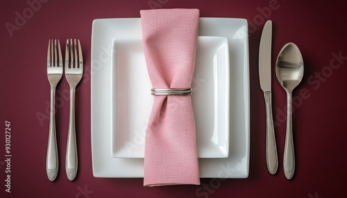 Elegant table setting with pink napkin on burgundy background