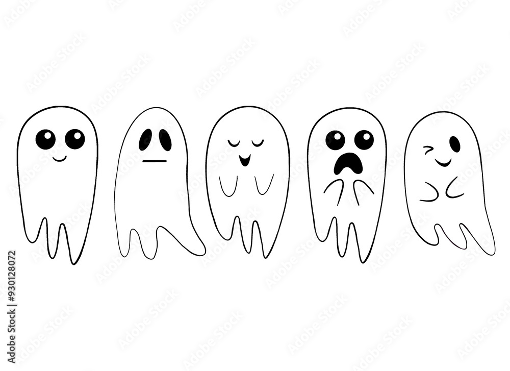 Funny cute Halloween hand drawn line art little ghosts set with different emotions that can be used for kids decor or clothes. Funny cute Halloween hand drawn line art little ghosts set with different emotions that can be used for kids decor or clothes.