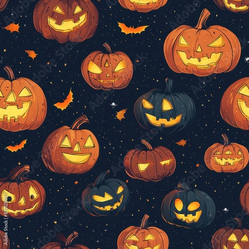 seamless pattern, A vibrant Halloween pattern featuring various carved pumpkins glowing in the night, perfect for festive designs and decorations.