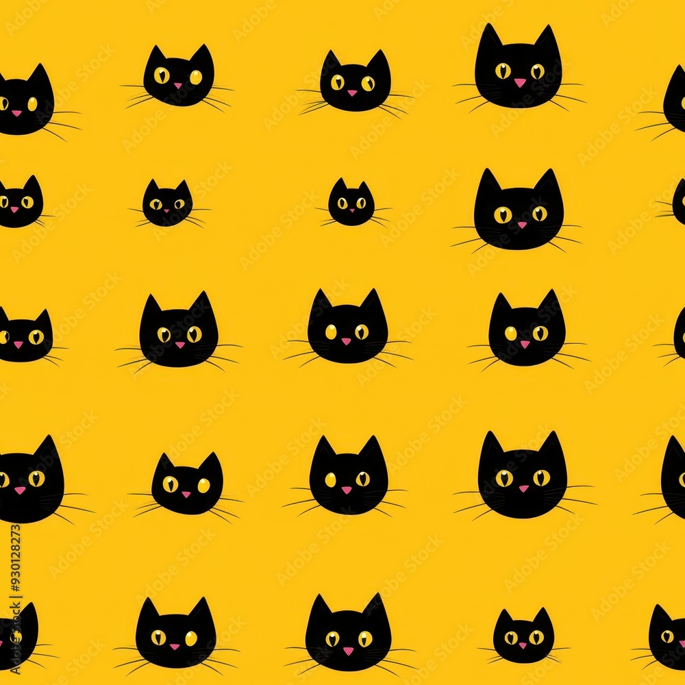 seamless pattern, Charming pattern of playful black cat faces on a vibrant yellow background, perfect for children's designs or festive themes. seamless pattern, Charming pattern of playful black cat faces on a vibrant yellow background, perfect for children's designs or festive themes.