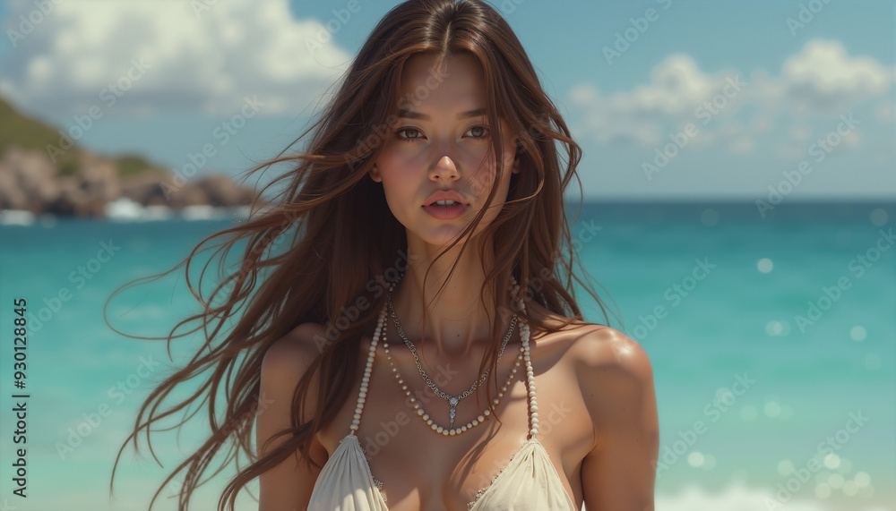 A woman with long hair and a white bikini top stands on a beach A woman with long hair and a white bikini top stands on a beach