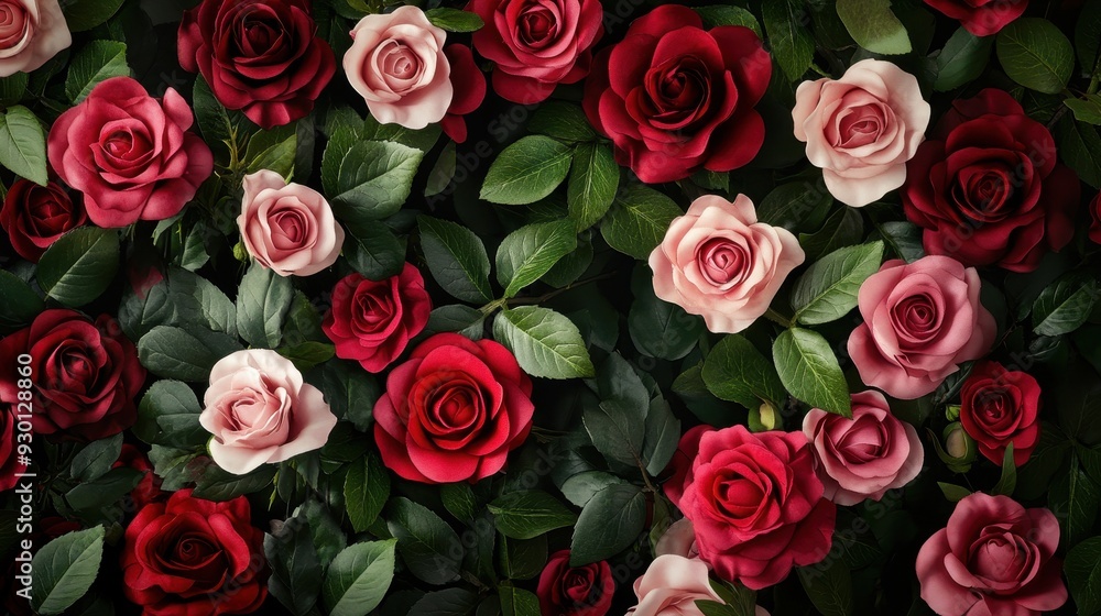 Fototapeta premium A vibrant arrangement of red and pink roses surrounded by green leaves.