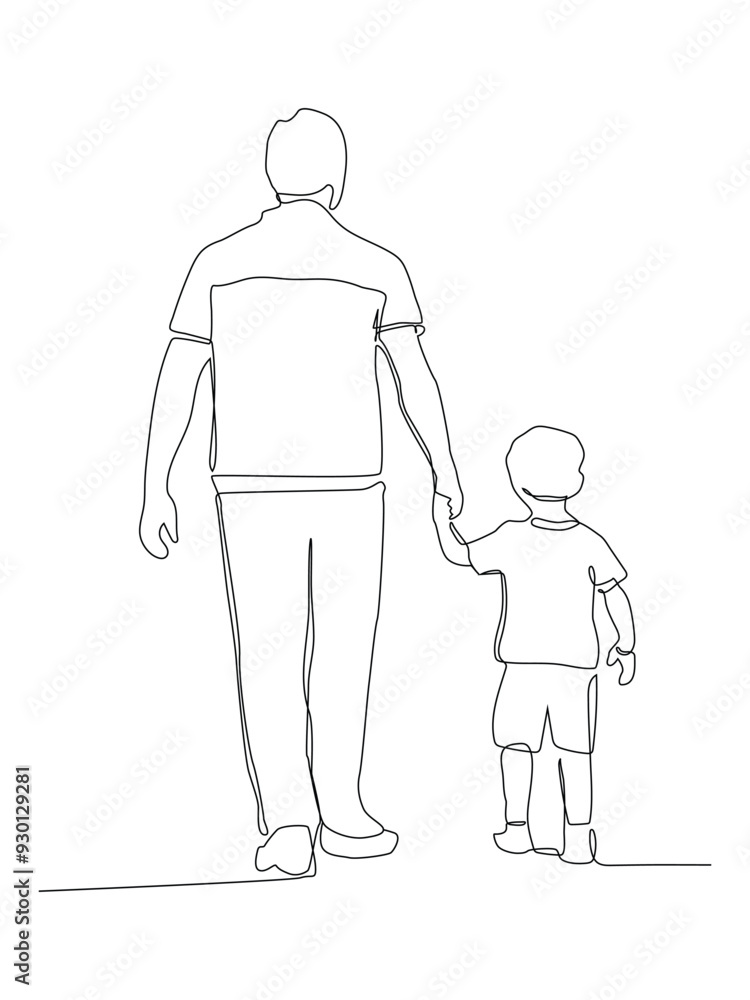 Continuous line art of Dad and son walk together holding hands. Continuous line art of Dad and son walk together holding hands.