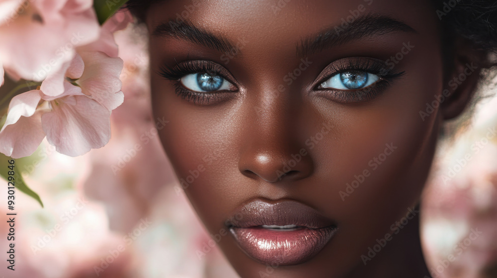 Hyper-realistic close-up of a 40-year-old black woman with deep black skin and striking blue eyes, pastel flowers in the background, soft lighting, serene atmosphere, vogue fashion style Hyper-realistic close-up of a 40-year-old black woman with deep black skin and striking blue eyes, pastel flowers in the background, soft lighting, serene atmosphere, vogue fashion style