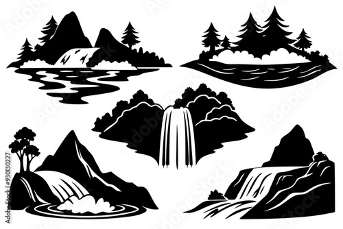 Vector Silhouettes of River and Waterfall Scenes: Flowing River, Cascading Waterfall, Stream, Rapids, Lagoon, River Delta