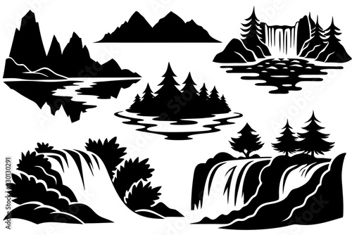 Vector Silhouettes of River and Waterfall Scenes: Flowing River, Cascading Waterfall, Stream, Rapids, Lagoon, River Delta