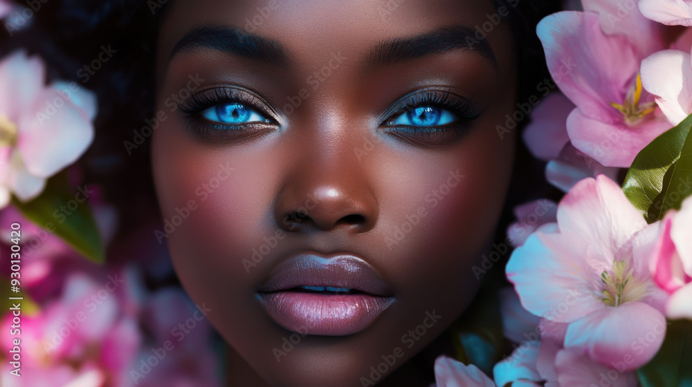 Hyper-realistic close-up of a 40-year-old black woman with deep black skin and blue eyes, set against a background of pastel flowers, soft light, calm and serene, vogue fashion style Hyper-realistic close-up of a 40-year-old black woman with deep black skin and blue eyes, set against a background of pastel flowers, soft light, calm and serene, vogue fashion style