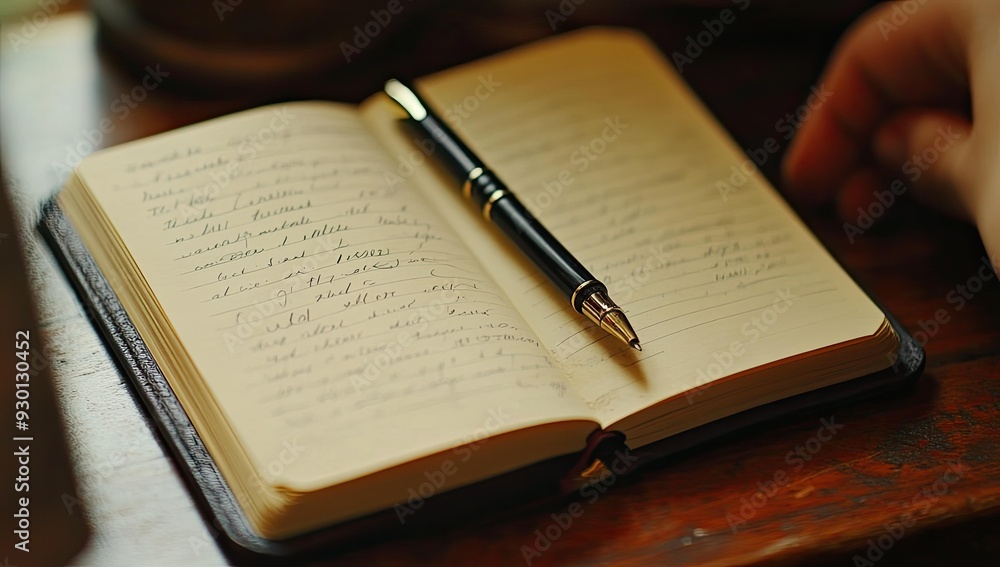 Fototapeta premium Open notebook with a pen on a wooden table.