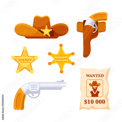 Cowboy hat, gun and sheriff badge forming western wild west composition on white background