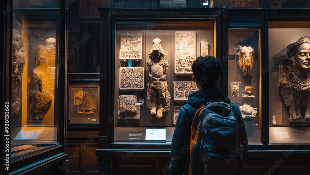 A person viewing ancient artifacts in a museum. A person viewing ancient artifacts in a museum.
