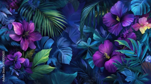 A vibrant arrangement of tropical flowers and leaves in rich purple and green hues.