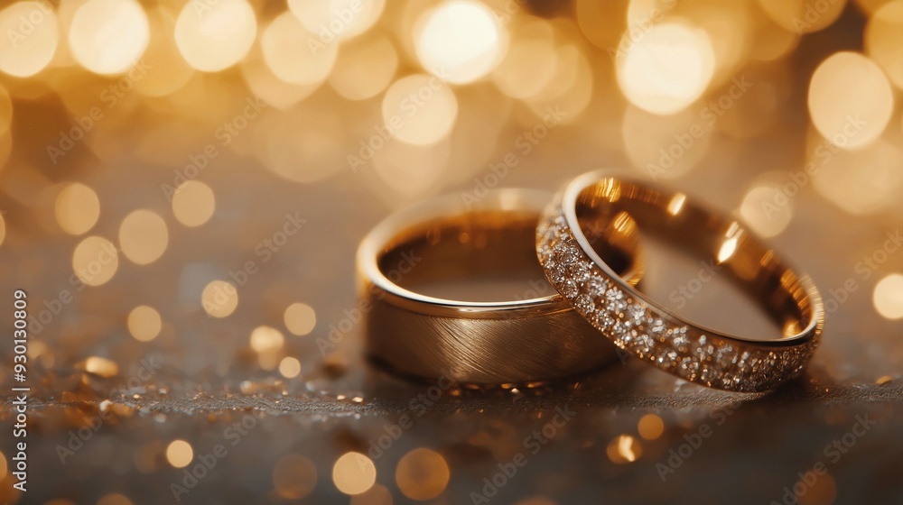 Elegant close-up of two gold wedding rings, one adorned with diamonds, set against a soft, bokeh-light background. Elegant close-up of two gold wedding rings, one adorned with diamonds, set against a soft, bokeh-light background.