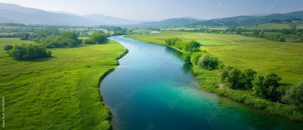 A river runs through a lush green field, flanked by two forests A river runs through a lush green field, flanked by two forests