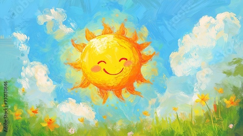 Bright, cheerful sun with a smile in a whimsical, colorful cartoon landscape filled with flowers, clouds, and blue skies.