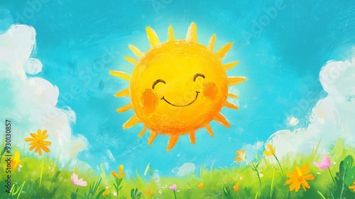Bright, cheerful sun with a smile in a whimsical, colorful cartoon landscape filled with flowers, clouds, and blue skies.