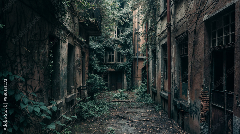 Overgrown abandoned buildings with green vines. Urban decay and lost places style. Nature reclaiming civilization concept. For design, print, wallpaper, background Overgrown abandoned buildings with green vines. Urban decay and lost places style. Nature reclaiming civilization concept. For design, print, wallpaper, background