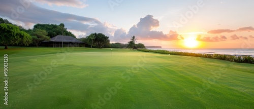  A green golf course with the sun setting over the water A gazebo stands on the opposite side