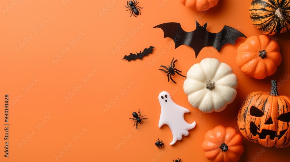 Colorful pumpkins, bats, and spiders are creatively arranged on an orange background to celebrate Halloween with a playful vibe Colorful pumpkins, bats, and spiders are creatively arranged on an orange background to celebrate Halloween with a playful vibe