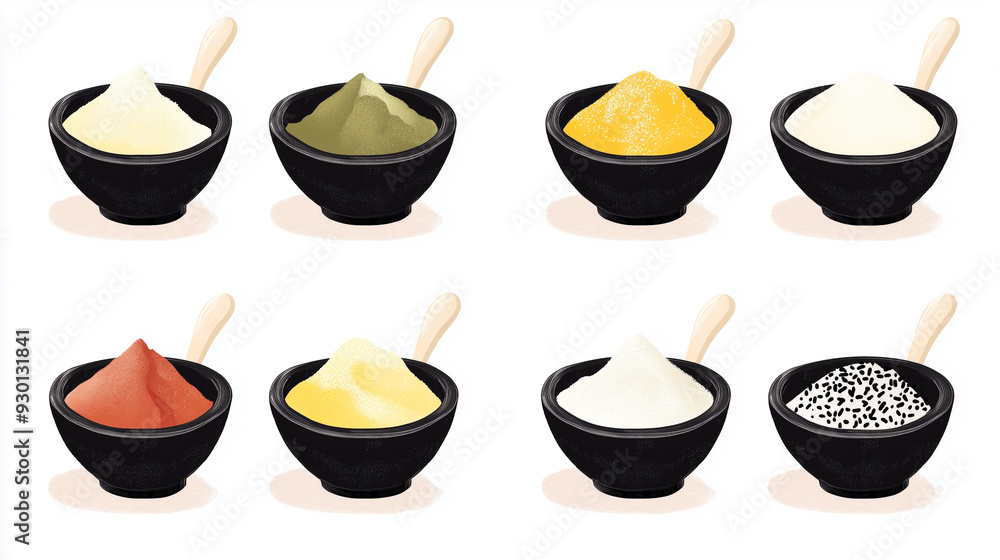 Selection of functional food powders measured into small bowls on a clean, white surface Selection of functional food powders measured into small bowls on a clean, white surface