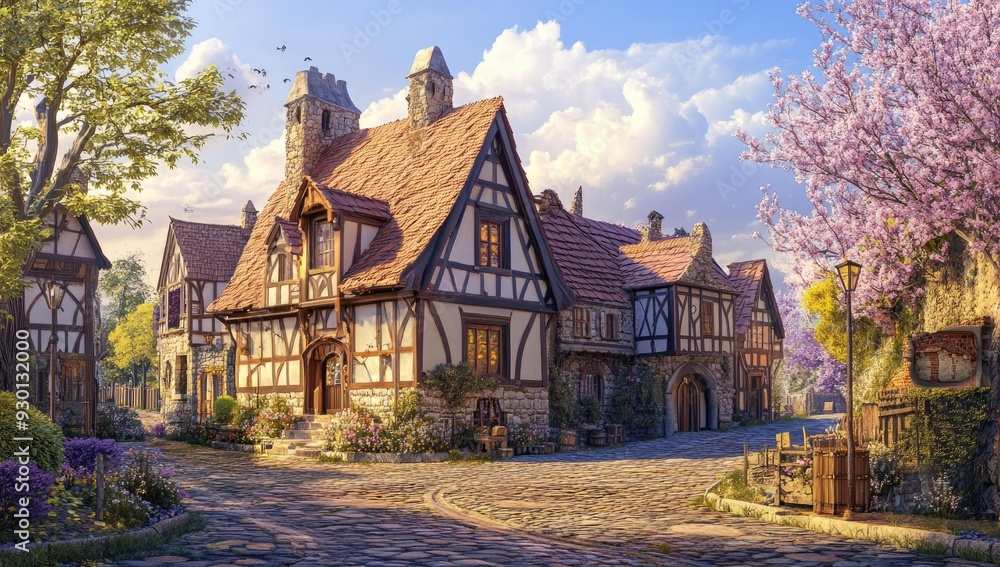 Stone-paved street with quaint houses and blooming flowers. Stone-paved street with quaint houses and blooming flowers.