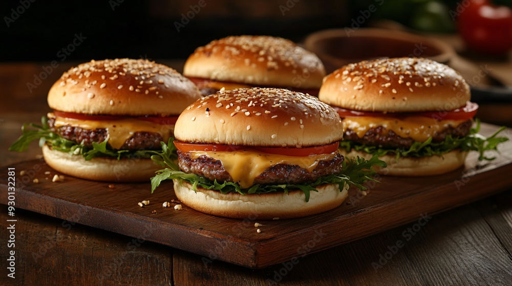Delicious Cheeseburgers on Wooden Table Close Up Delicious Cheeseburgers on Wooden Table Close Up