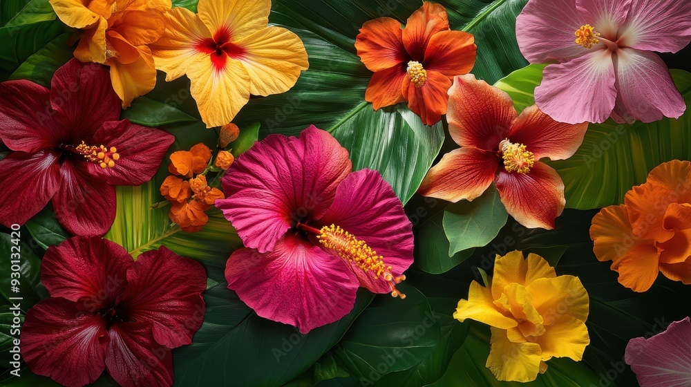 A vibrant arrangement of various hibiscus flowers and green leaves. A vibrant arrangement of various hibiscus flowers and green leaves.