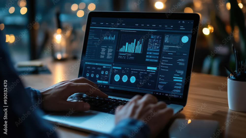 Individual utilizing a laptop for productivity improvement, virtual interface showing productivity metrics and growth indicators Individual utilizing a laptop for productivity improvement, virtual interface showing productivity metrics and growth indicators