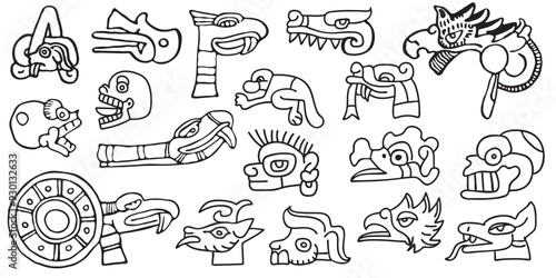 A set of tribal symbols, black and white isolated vector. American style. Aztec animals style Mexican designs
