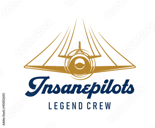 Airline and aircraft aviation icon for insane pilots legend crew. Vector label with golden plane with propeller and bold classic typography symbolizing flight tradition and sense of airborne adventure