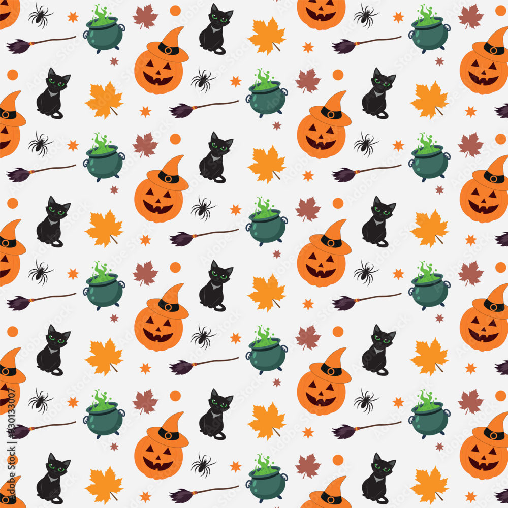 Obraz premium Halloween seamless pattern with ghosts, pumpkins, black cat, hat, broom, spiders and cauldron, potion on a white background. Autumn holiday. Ideal for textiles, banners, wallpapers, packaging.