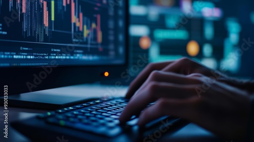 Close-up of an SEO expert's hands typing on a keyboard, with essential keywords and backlink strategies displayed on a monitor, showing meticulous optimization work