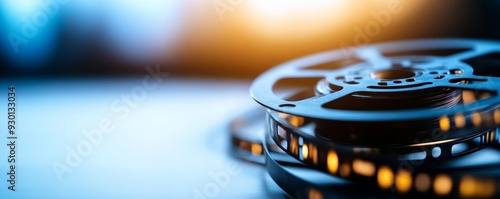 Close-up of aged movie film reels on a white background, evoking a nostalgic feel for old Hollywood and the film industry