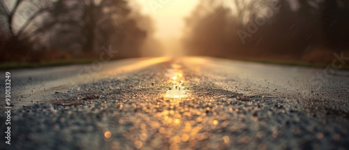  A wet road runs before trees, sun shines through their foliage beyond