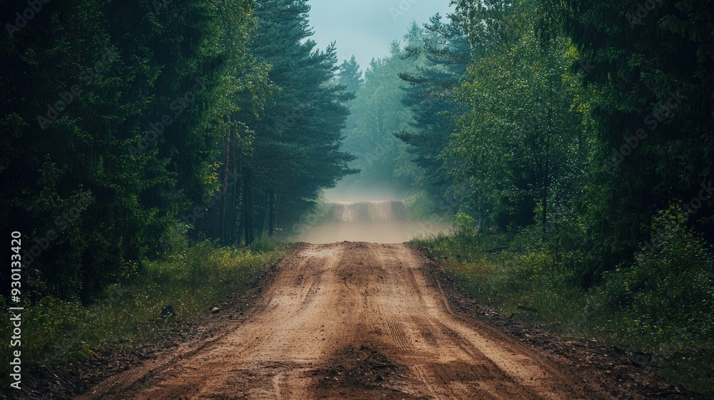 Dusty Forest Road Leading Through a Misty Grove, Promising Adventure and Exploration Dusty Forest Road Leading Through a Misty Grove, Promising Adventure and Exploration