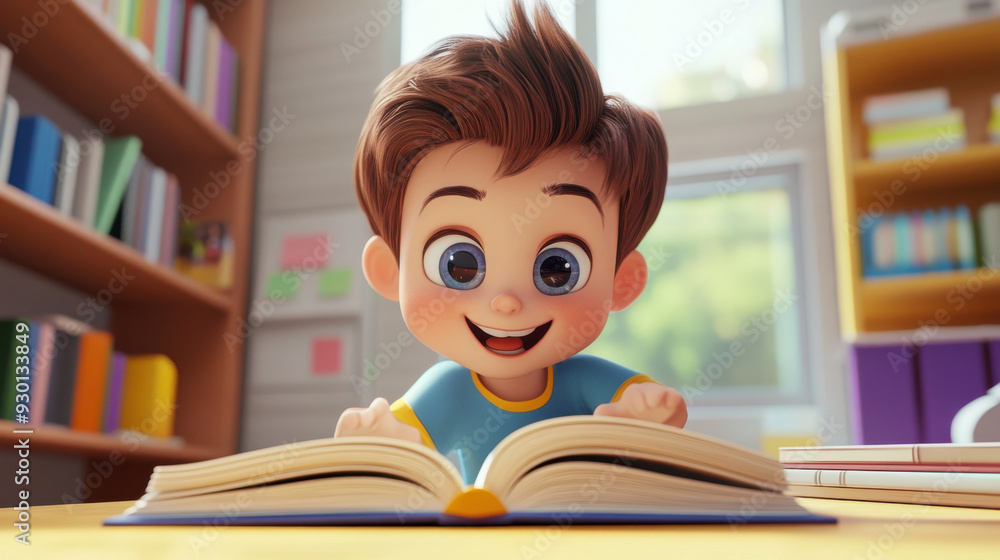 Joyful 3D cartoon child absorbed in a book at a study table, cheerful expression Joyful 3D cartoon child absorbed in a book at a study table, cheerful expression