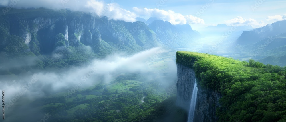 A cliff featuring a waterfall, encircled by verdant hills, and topped by a blue sky dotted with white clouds A cliff featuring a waterfall, encircled by verdant hills, and topped by a blue sky dotted with white clouds