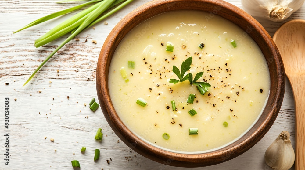 Delicious Leek Soup in Bowl Isolated on White Top View Delicious Leek Soup in Bowl Isolated on White Top View
