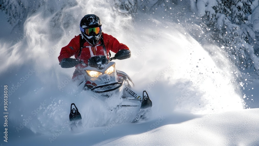 Snowmobile rider in red jacket speeding through snow. Snowmobile rider in red jacket speeding through snow.